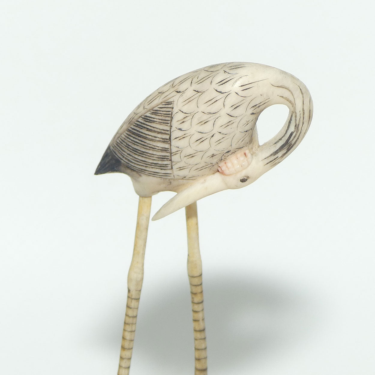 Mid 20th Century Ivory and Bone Carved Crane | Wooden Base | #7