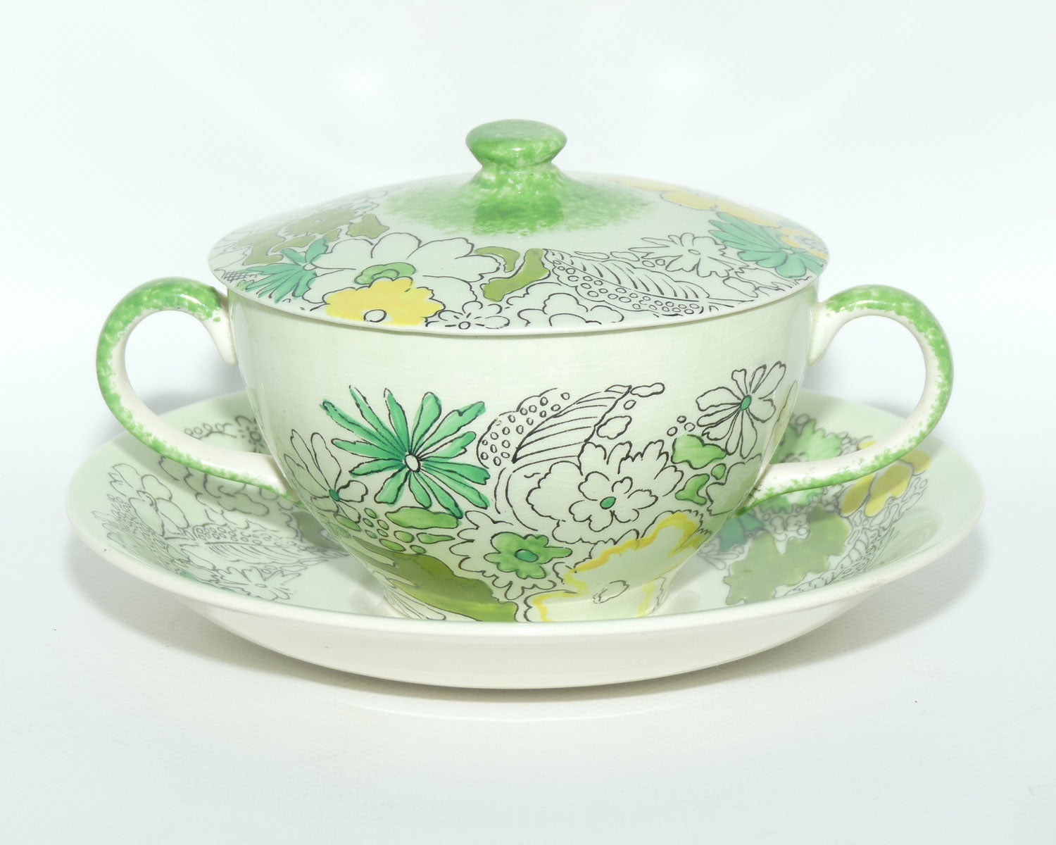 Clarice Cliff Bizarre Crepe de Chene lidded coupe on underplate | Green ground