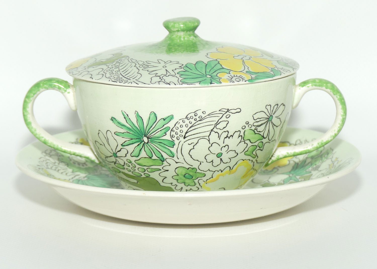 Clarice Cliff Bizarre Crepe de Chene lidded coupe on underplate | Green ground