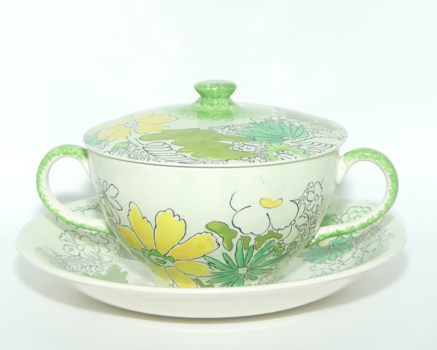 Clarice Cliff Bizarre Crepe de Chene lidded coupe on underplate | Green ground