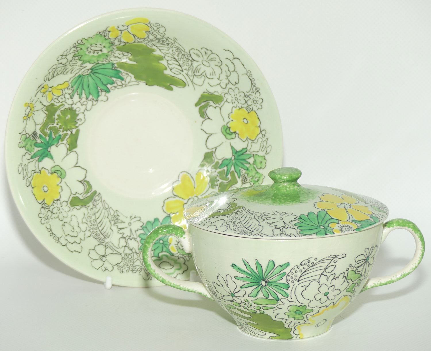 Clarice Cliff Bizarre Crepe de Chene lidded coupe on underplate | Green ground