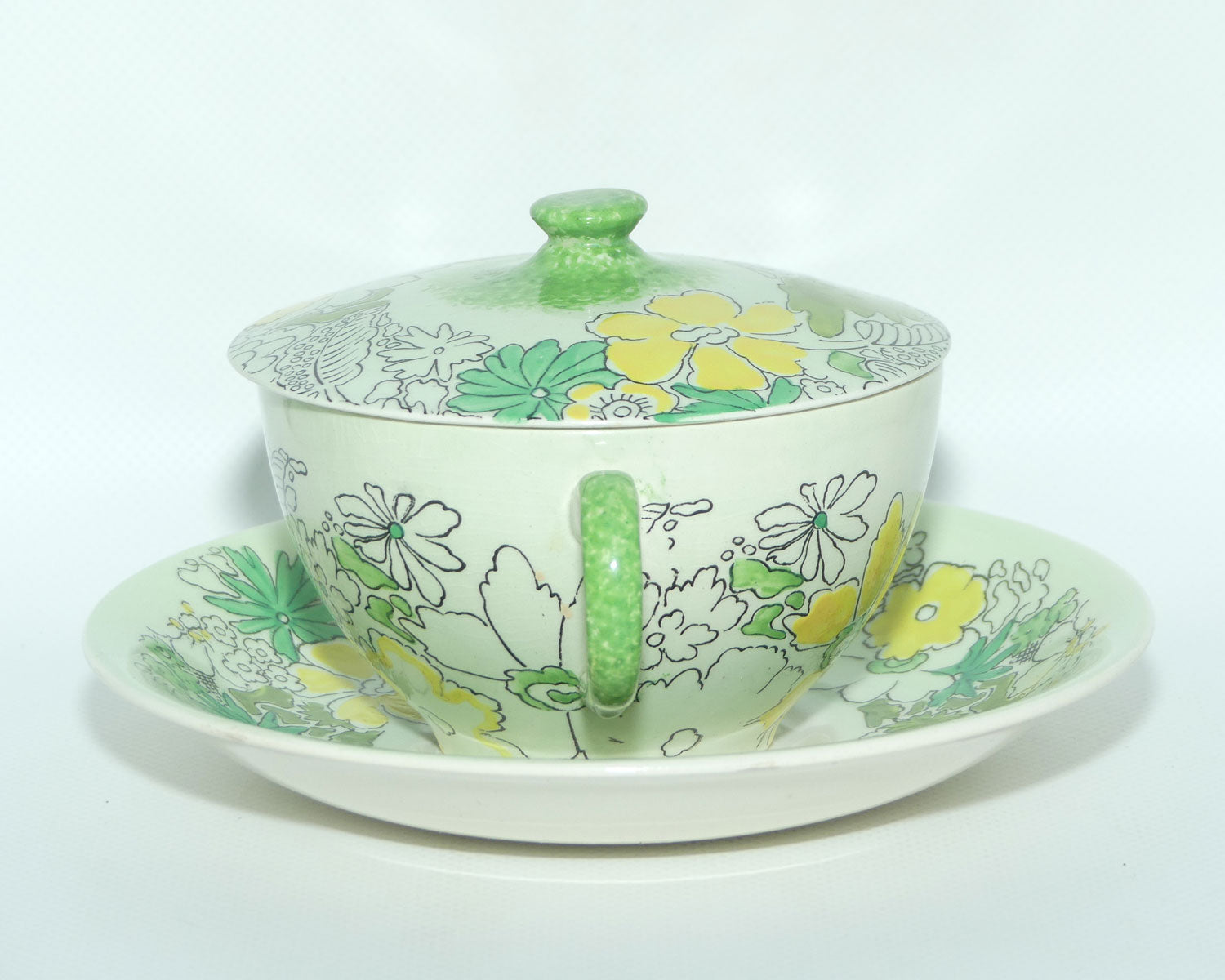 Clarice Cliff Bizarre Crepe de Chene lidded coupe on underplate | Green ground