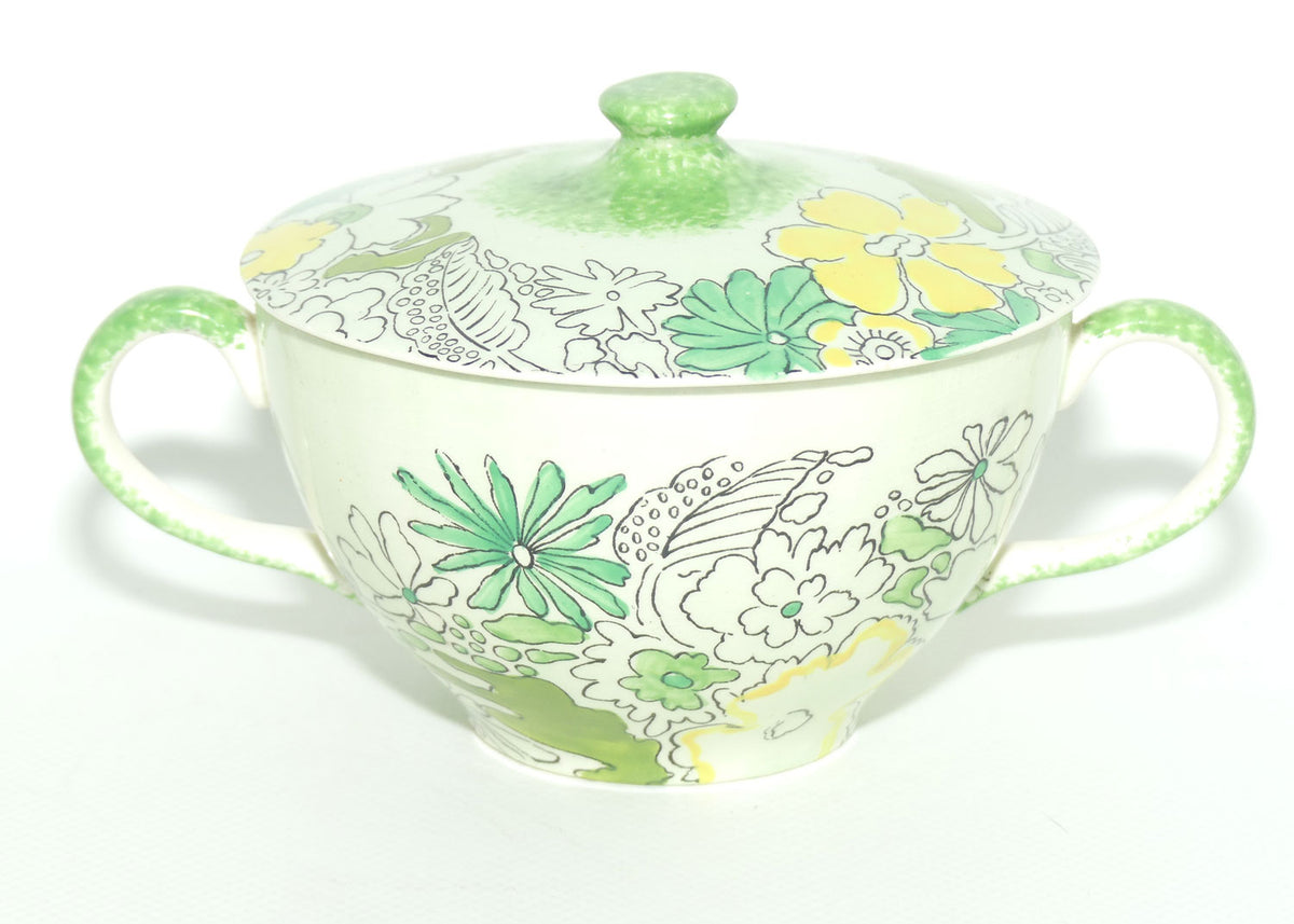 Clarice Cliff Bizarre Crepe de Chene lidded coupe on underplate | Green ground