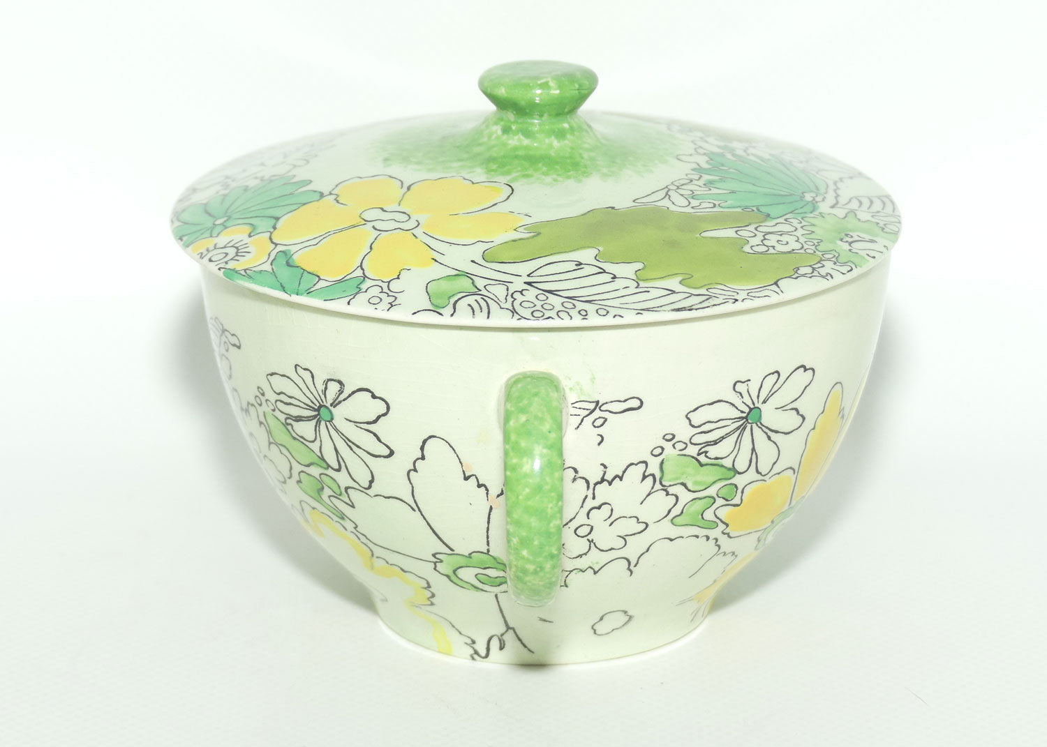 Clarice Cliff Bizarre Crepe de Chene lidded coupe on underplate | Green ground