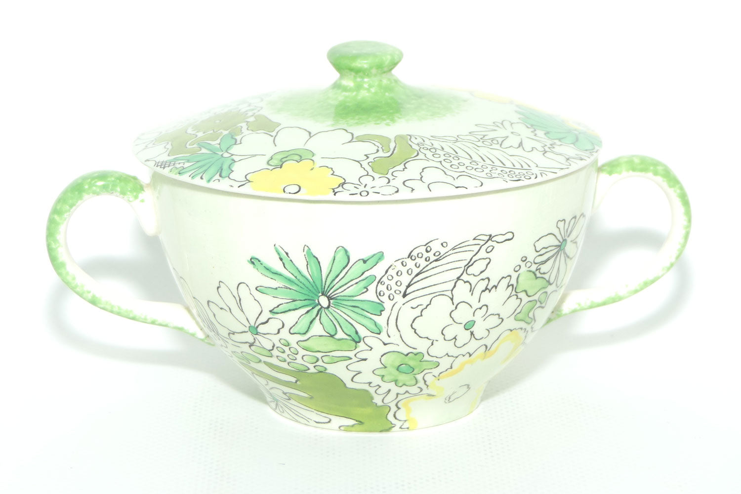 Clarice Cliff Bizarre Crepe de Chene lidded coupe on underplate | Green ground