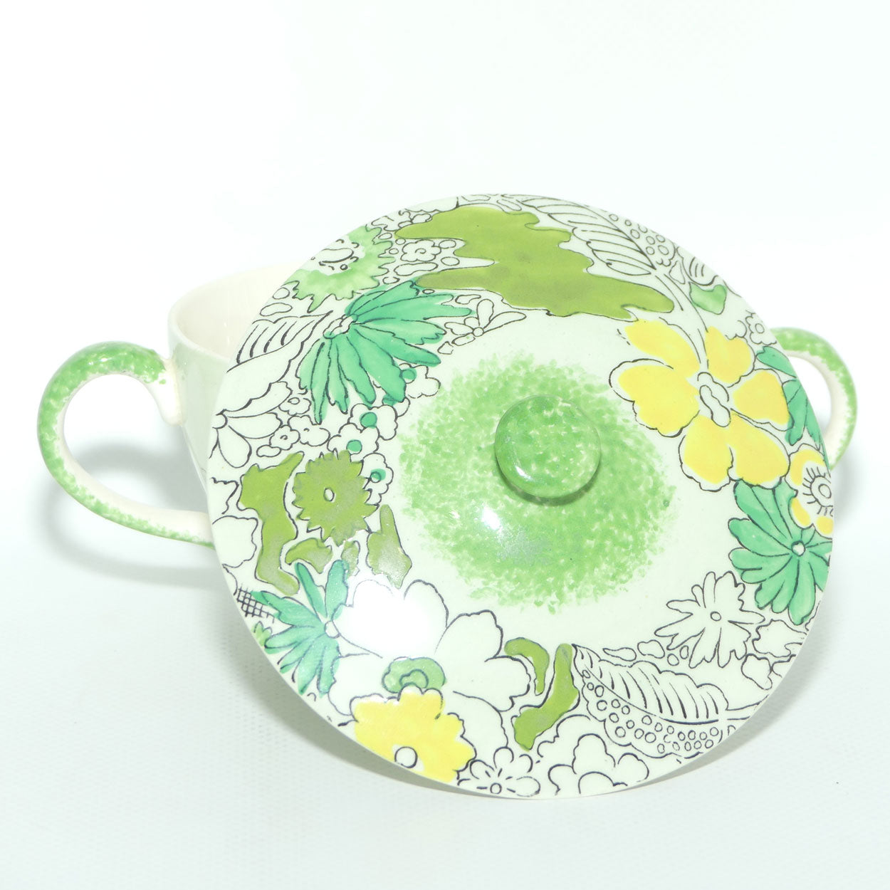 Clarice Cliff Bizarre Crepe de Chene lidded coupe on underplate | Green ground