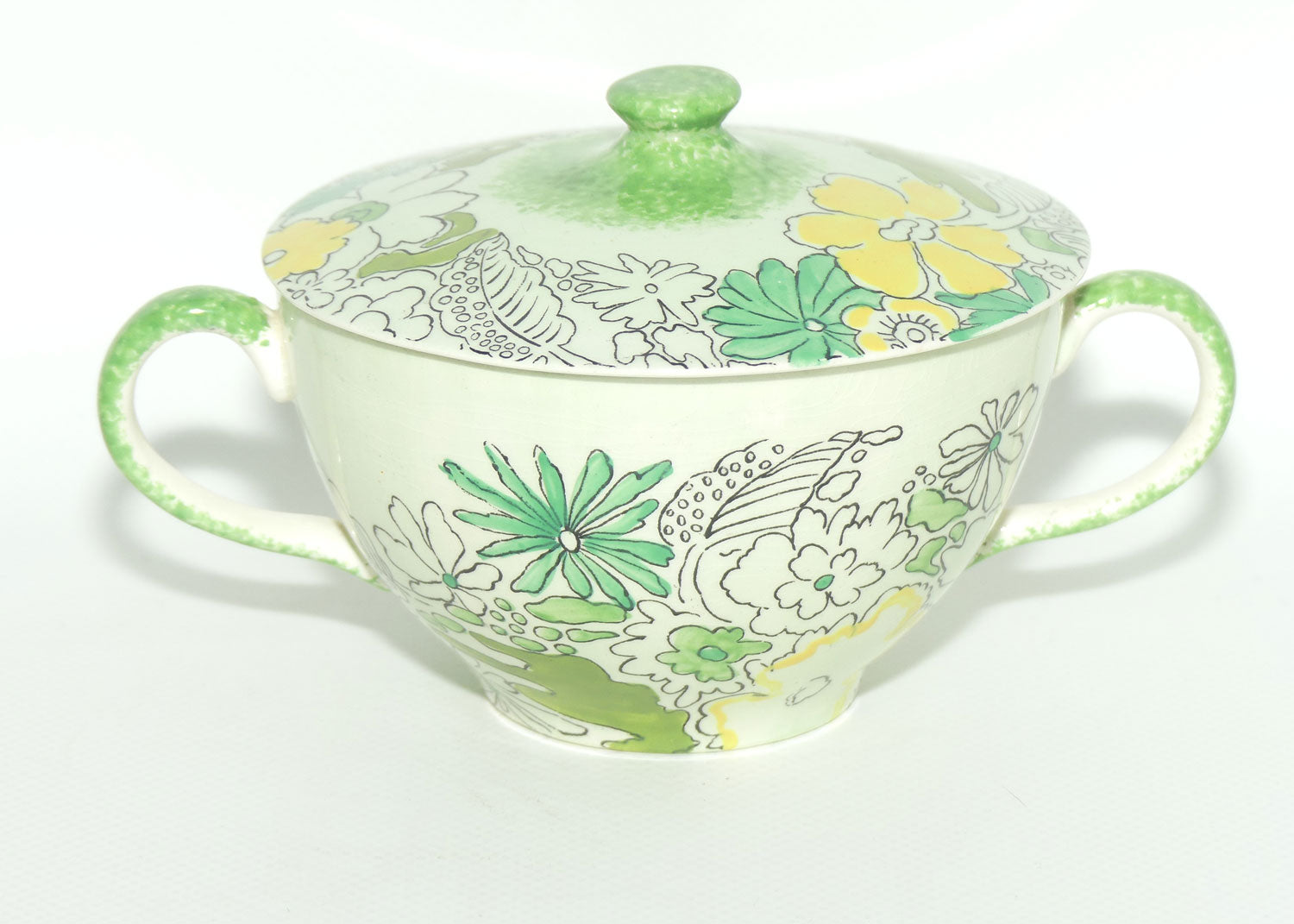 Clarice Cliff Bizarre Crepe de Chene lidded coupe on underplate | Green ground