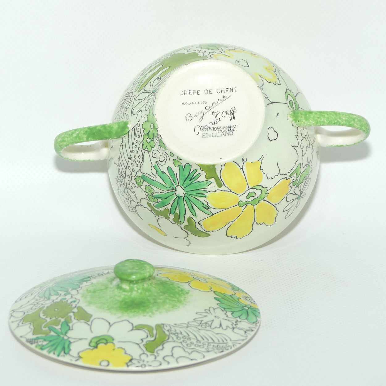Clarice Cliff Bizarre Crepe de Chene lidded coupe on underplate | Green ground