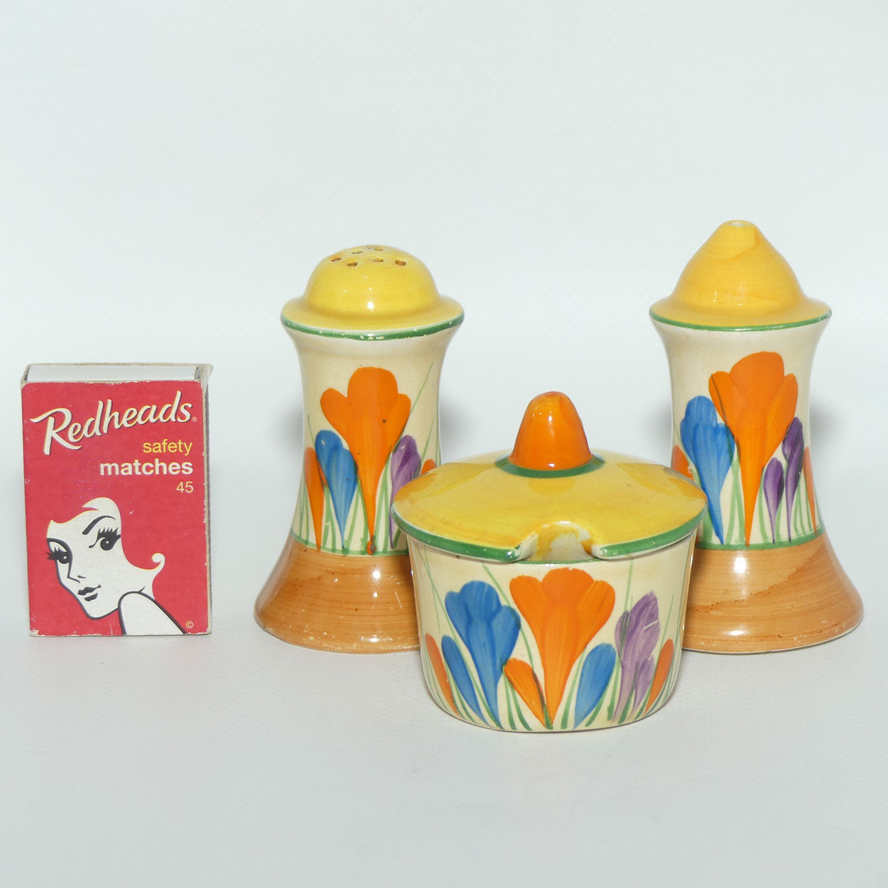 Clarice Cliff Crocus pattern 3 piece cruet set