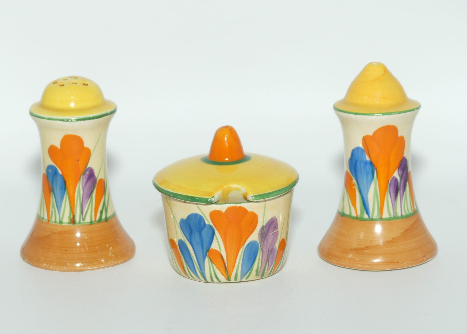 Clarice Cliff Crocus pattern 3 piece cruet set