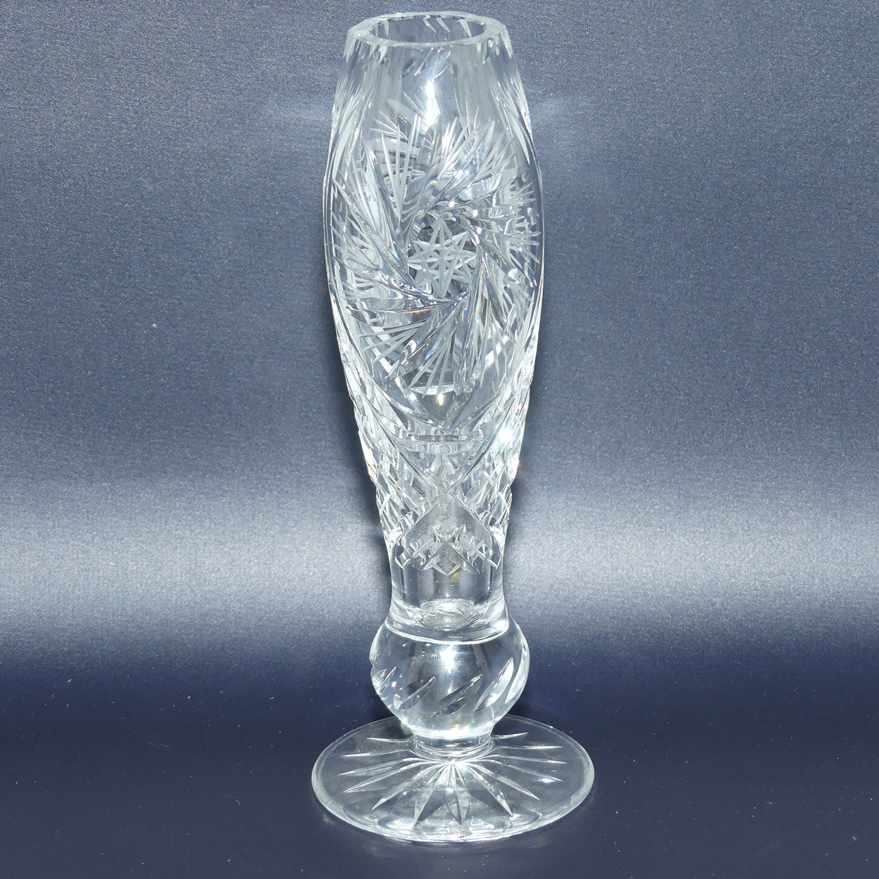 Heavy Crystal slender shape bud vase with pinwheel decoration