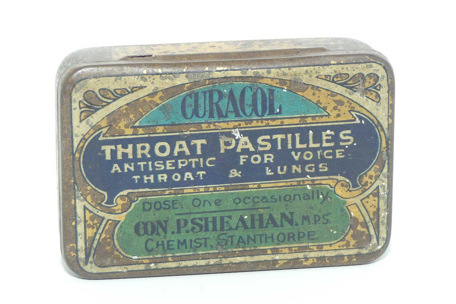 Curacol Throat Pastilles tin | marked for Con P Sheahan Chemist, Stanthorpe