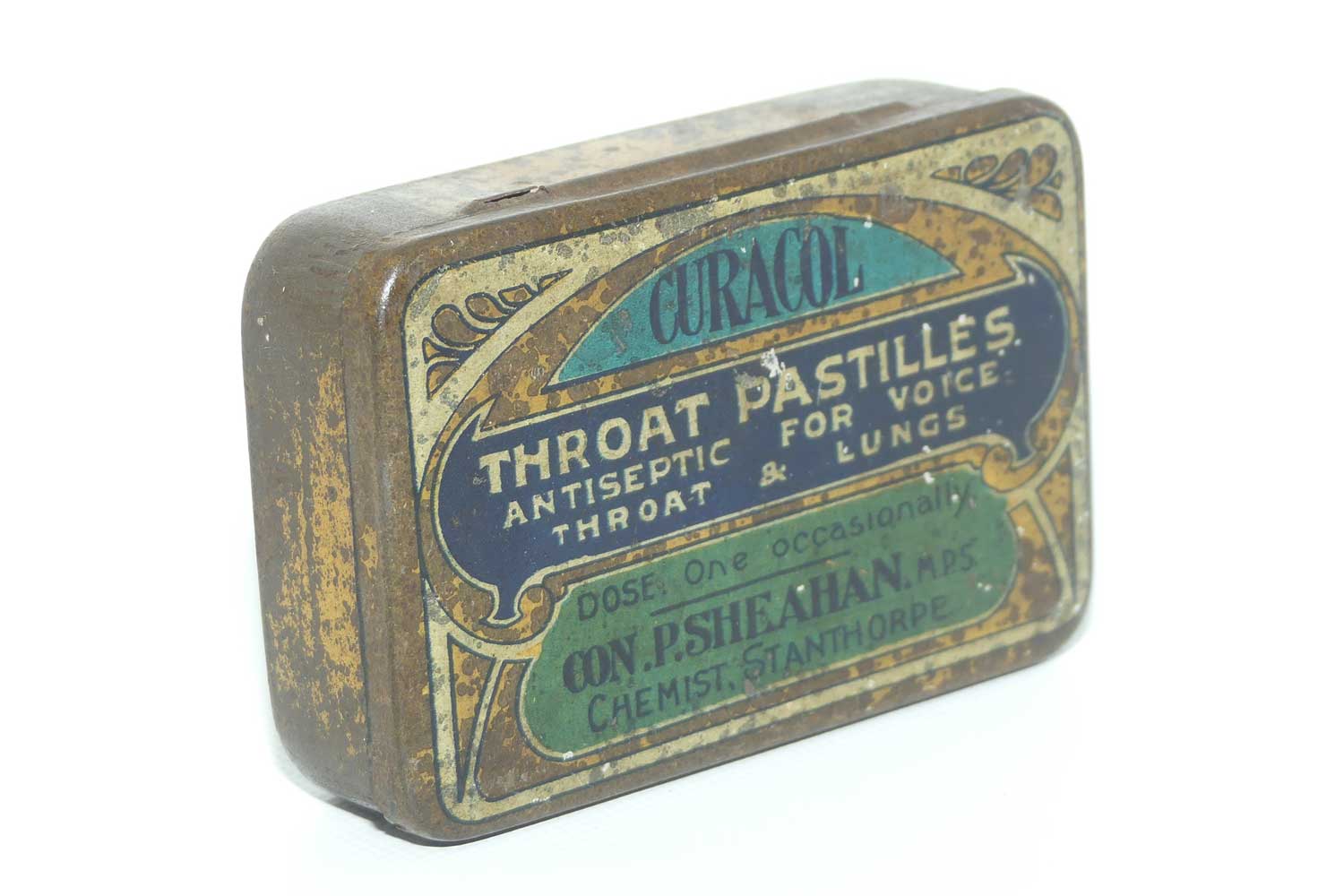 Curacol Throat Pastilles tin | marked for Con P Sheahan Chemist, Stanthorpe