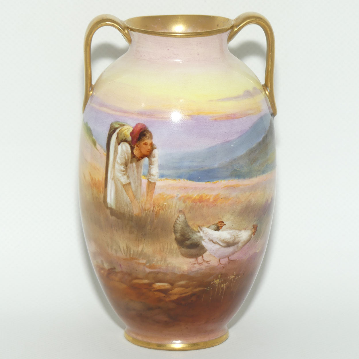 Royal Doulton hand painted & gilt twin handled Farm girl feeding chickens scene vase | Curnock