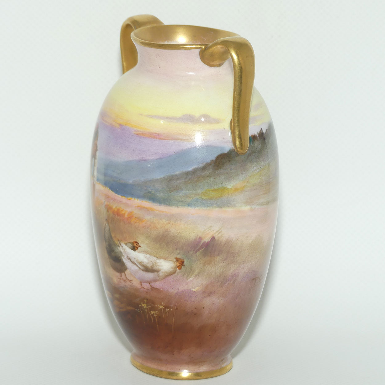 Royal Doulton hand painted & gilt twin handled Farm girl feeding chickens scene vase | Curnock