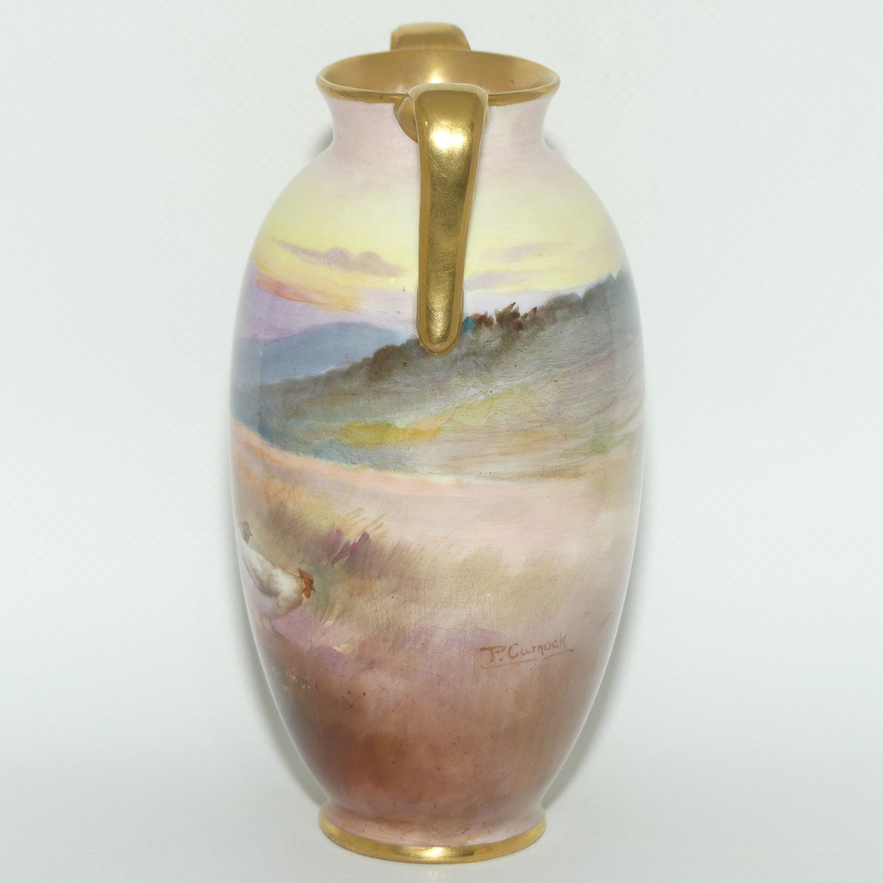 Royal Doulton hand painted & gilt twin handled Farm girl feeding chickens scene vase | Curnock