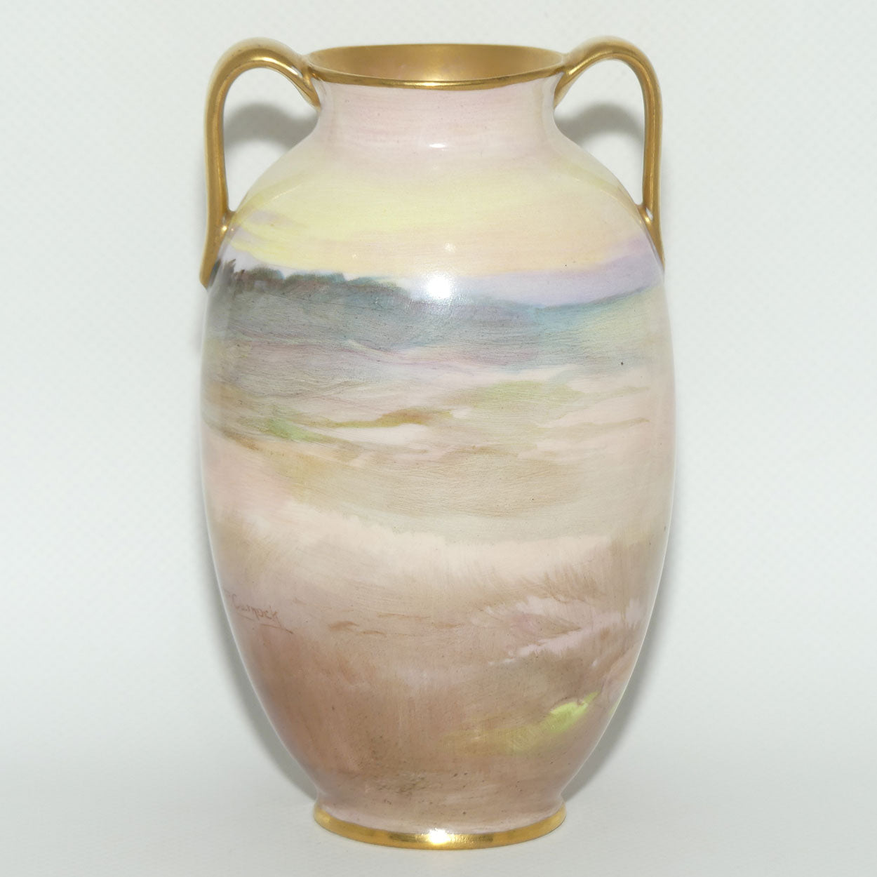 Royal Doulton hand painted & gilt twin handled Farm girl feeding chickens scene vase | Curnock