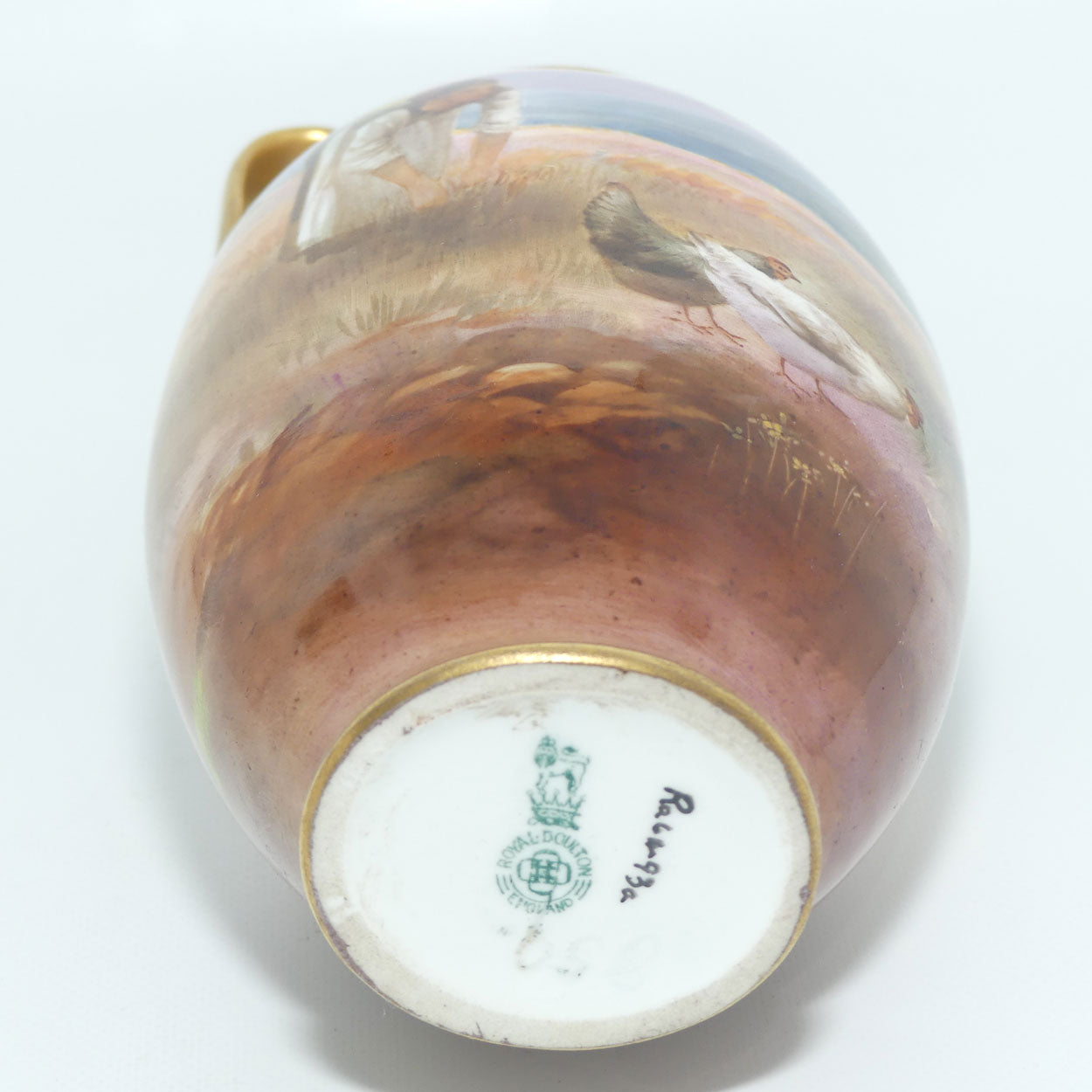 Royal Doulton hand painted & gilt twin handled Farm girl feeding chickens scene vase | Curnock