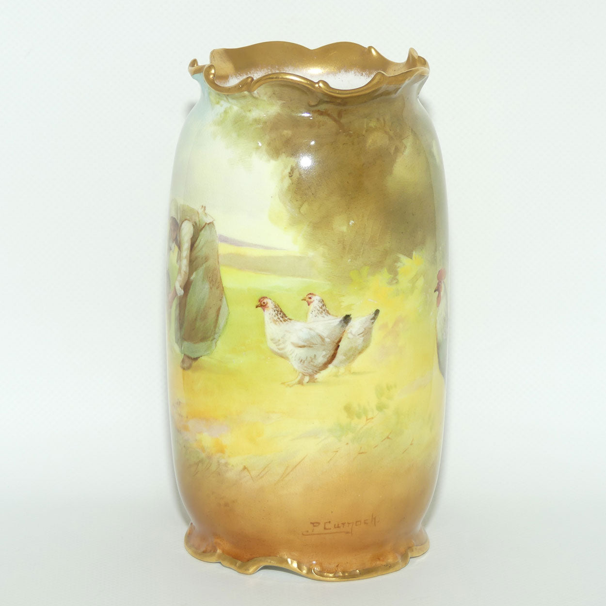Royal Doulton hand painted & gilt Farm girl feeding hens and rooster scene vase (Curnock)