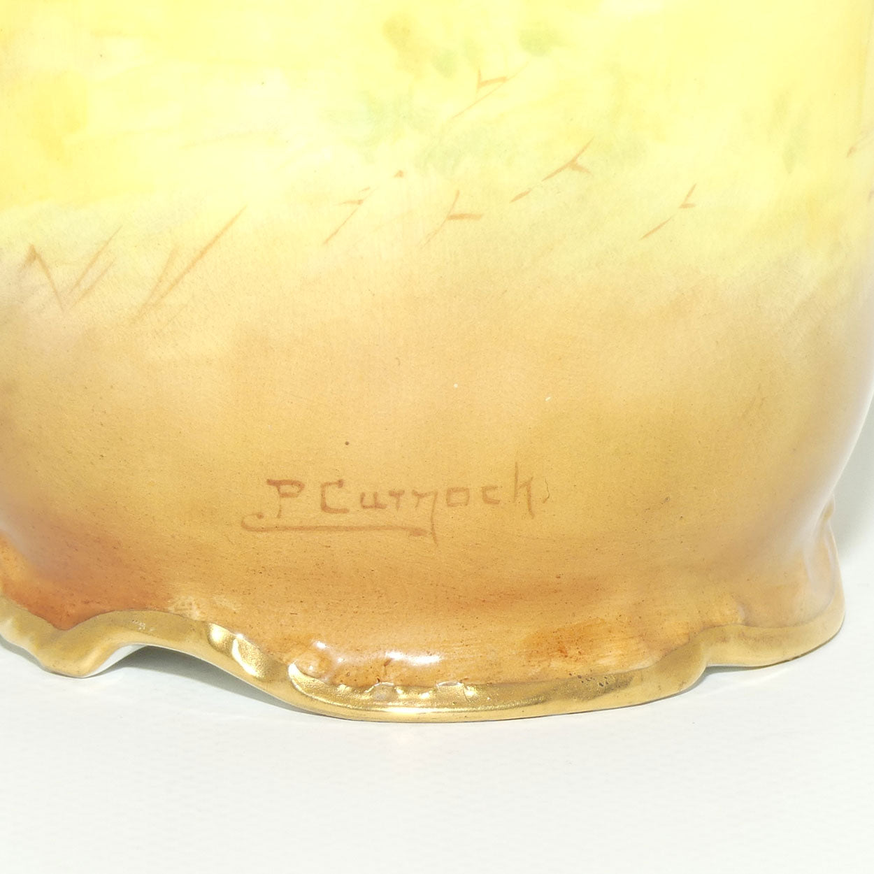 Royal Doulton hand painted & gilt Farm girl feeding hens and rooster scene vase (Curnock)