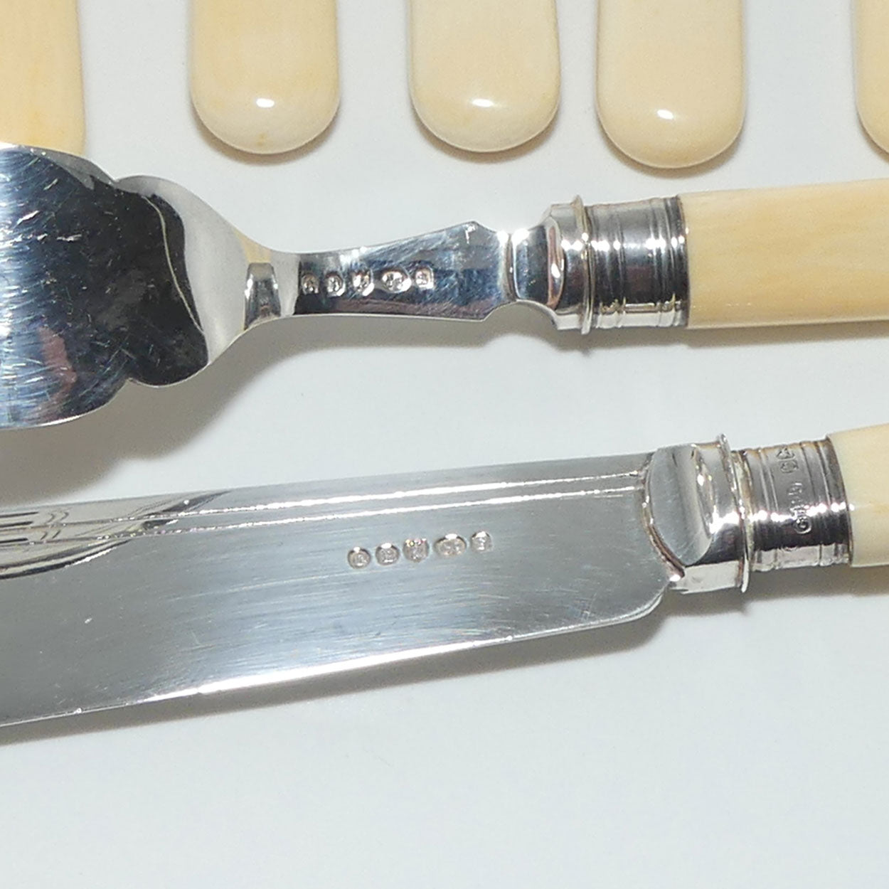 EPNS and Bone Handled Fish Eater set in Walnut case | George Butler & Co Sheffield | Sterling Silver ferrules