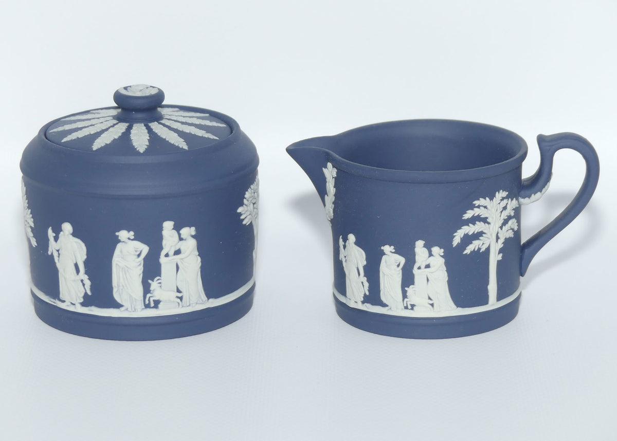 Wedgwood Jasper | White on Dark Blue milk jug and lidded sugar bowl | Cylindrical shape