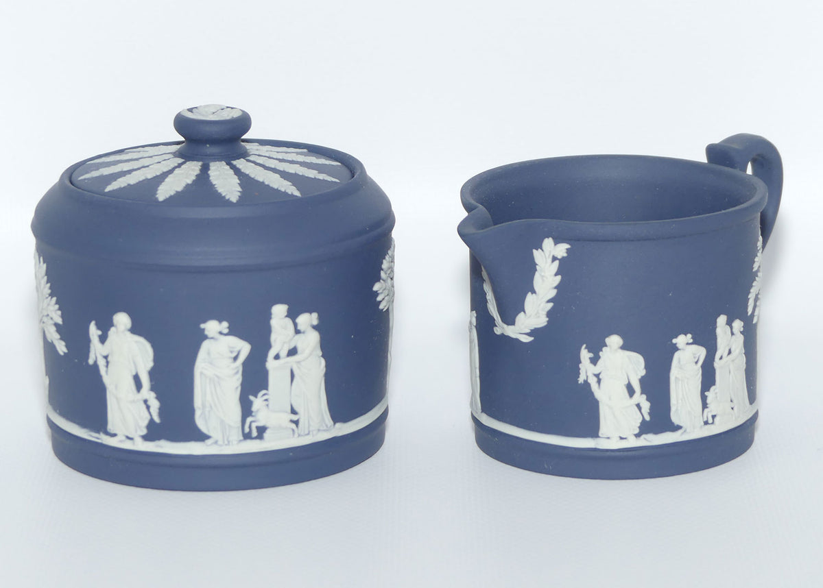 Wedgwood Jasper | White on Dark Blue milk jug and lidded sugar bowl | Cylindrical shape