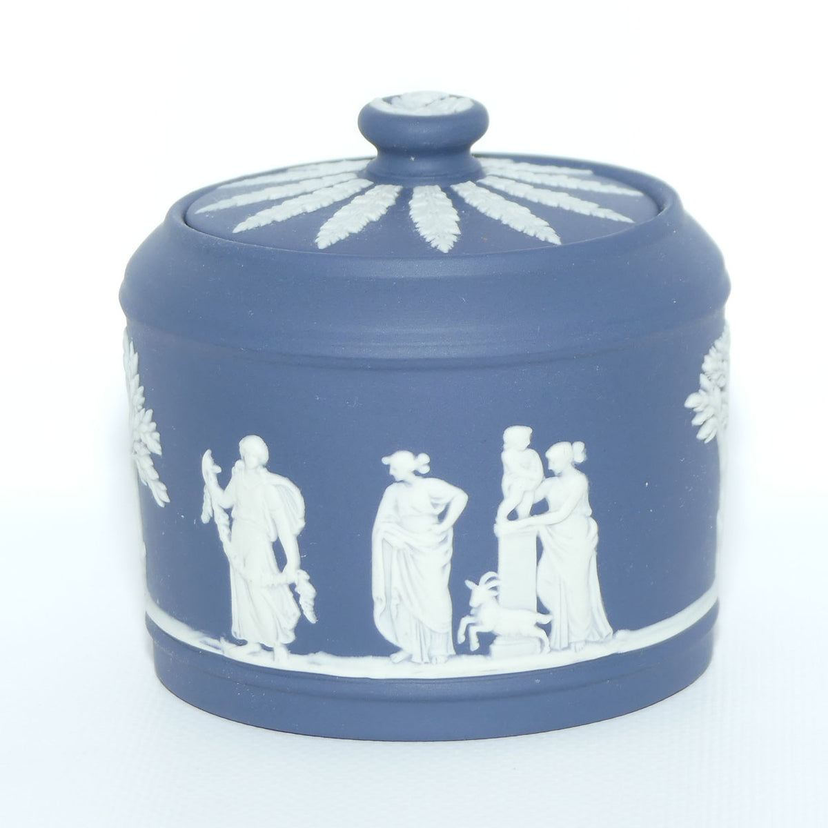 Wedgwood Jasper | White on Dark Blue milk jug and lidded sugar bowl | Cylindrical shape