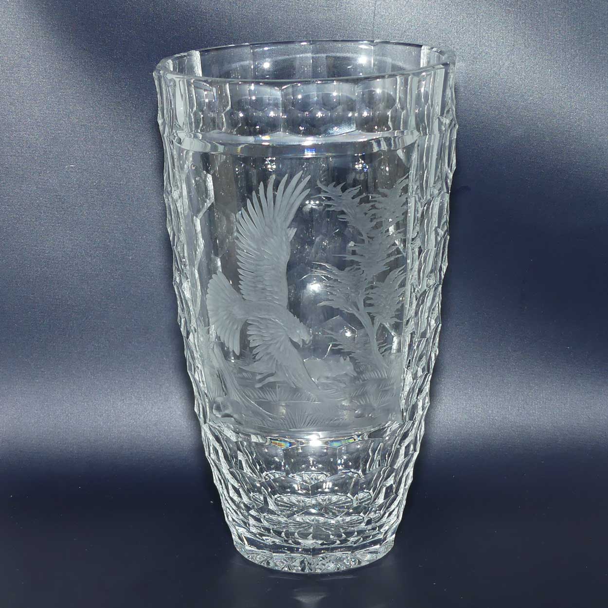 Wheel Engraved Thousand Eyes pattern Crystal Vase | Depicts Eagle and Fox | signed AG