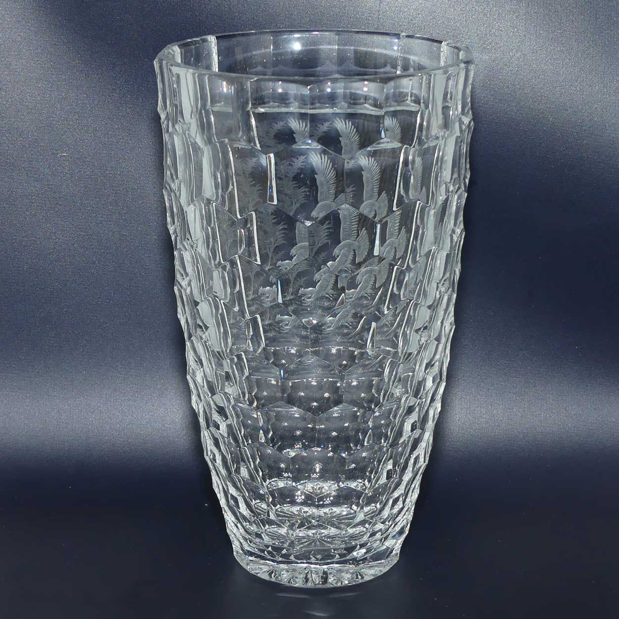 Wheel Engraved Thousand Eyes pattern Crystal Vase | Depicts Eagle and Fox | signed AG