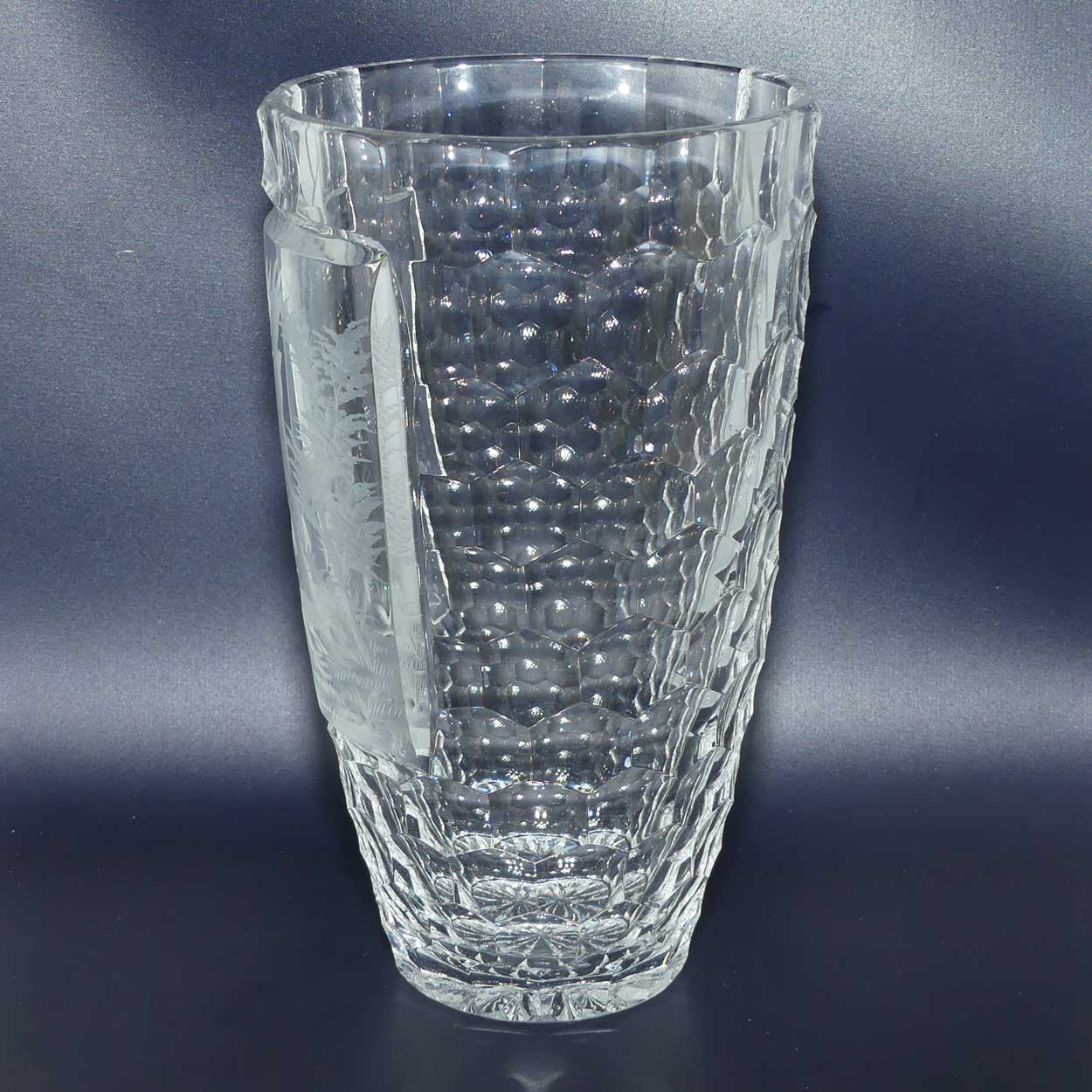 Wheel Engraved Thousand Eyes pattern Crystal Vase | Depicts Eagle and Fox | signed AG