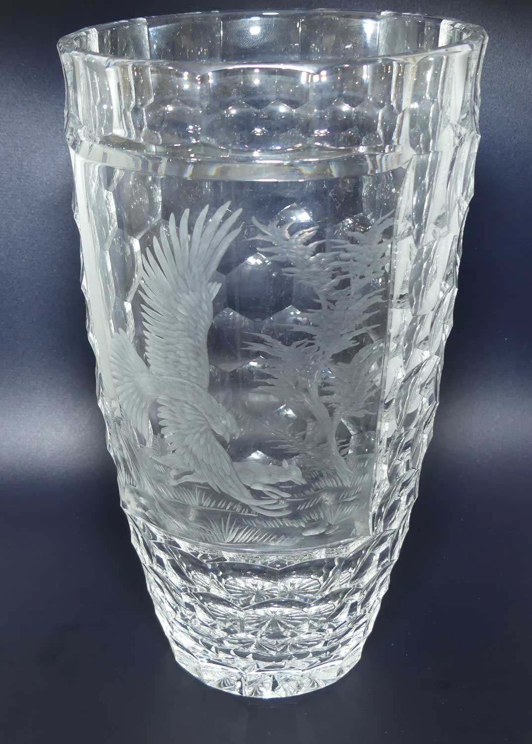 Wheel Engraved Thousand Eyes pattern Crystal Vase | Depicts Eagle and Fox | signed AG