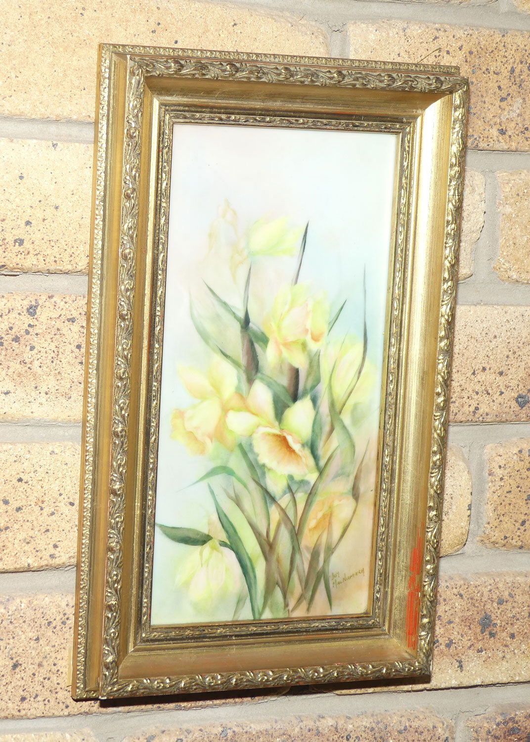 Australian China Painting | Gilt Framed Daffodil Plaque by Joy MacNamara