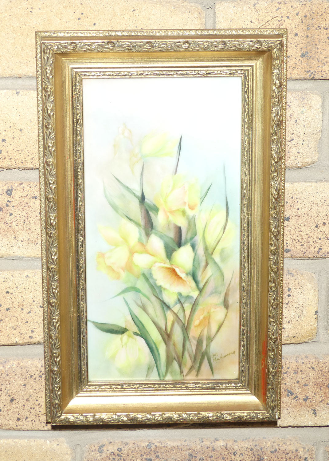 Australian China Painting | Gilt Framed Daffodil Plaque by Joy MacNamara