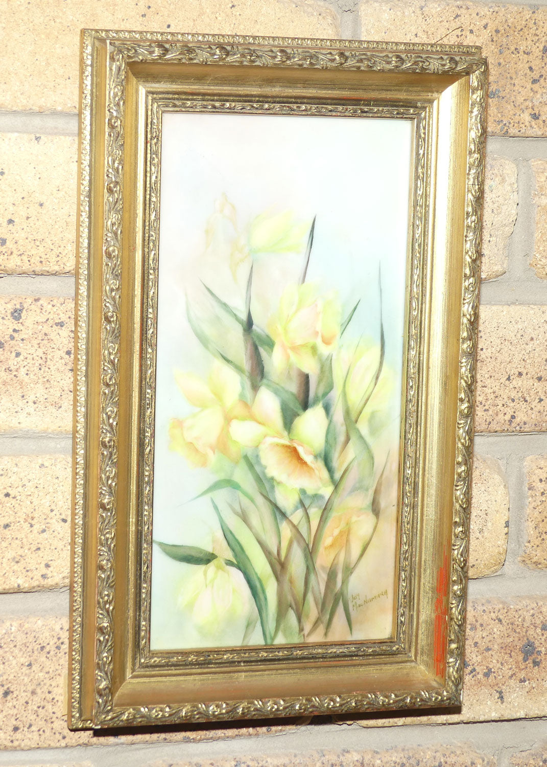 Australian China Painting | Gilt Framed Daffodil Plaque by Joy MacNamara