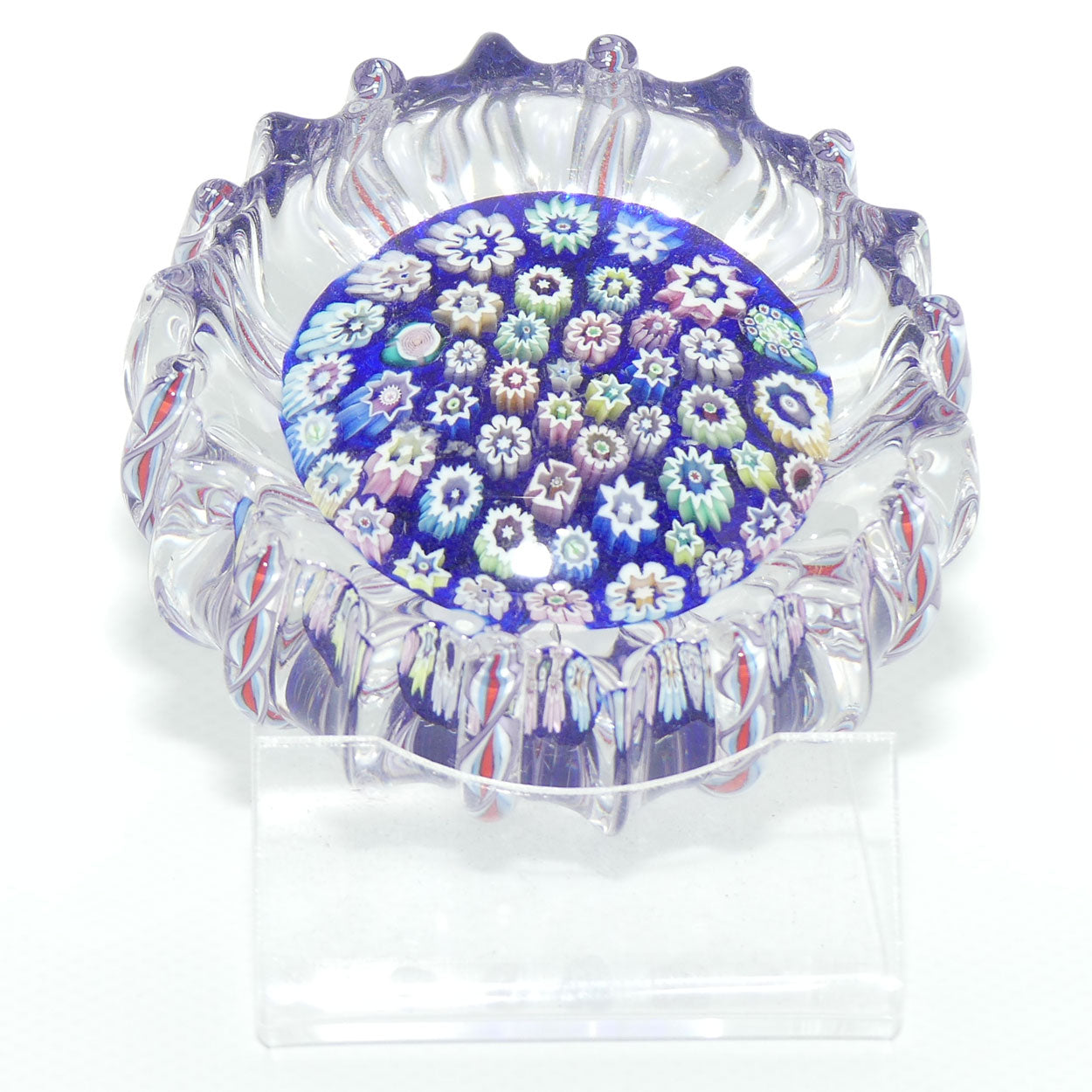 John Deacons Scotland Closepack Millefiori paperweight | Ribbed Latticino edge | Dark Blue