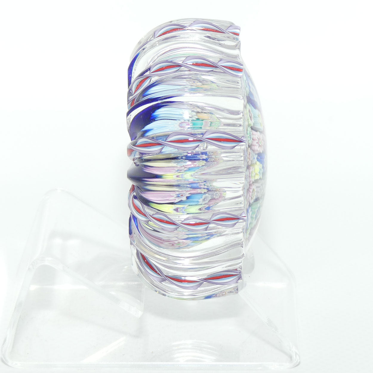 John Deacons Scotland Closepack Millefiori paperweight | Ribbed Latticino edge | Dark Blue