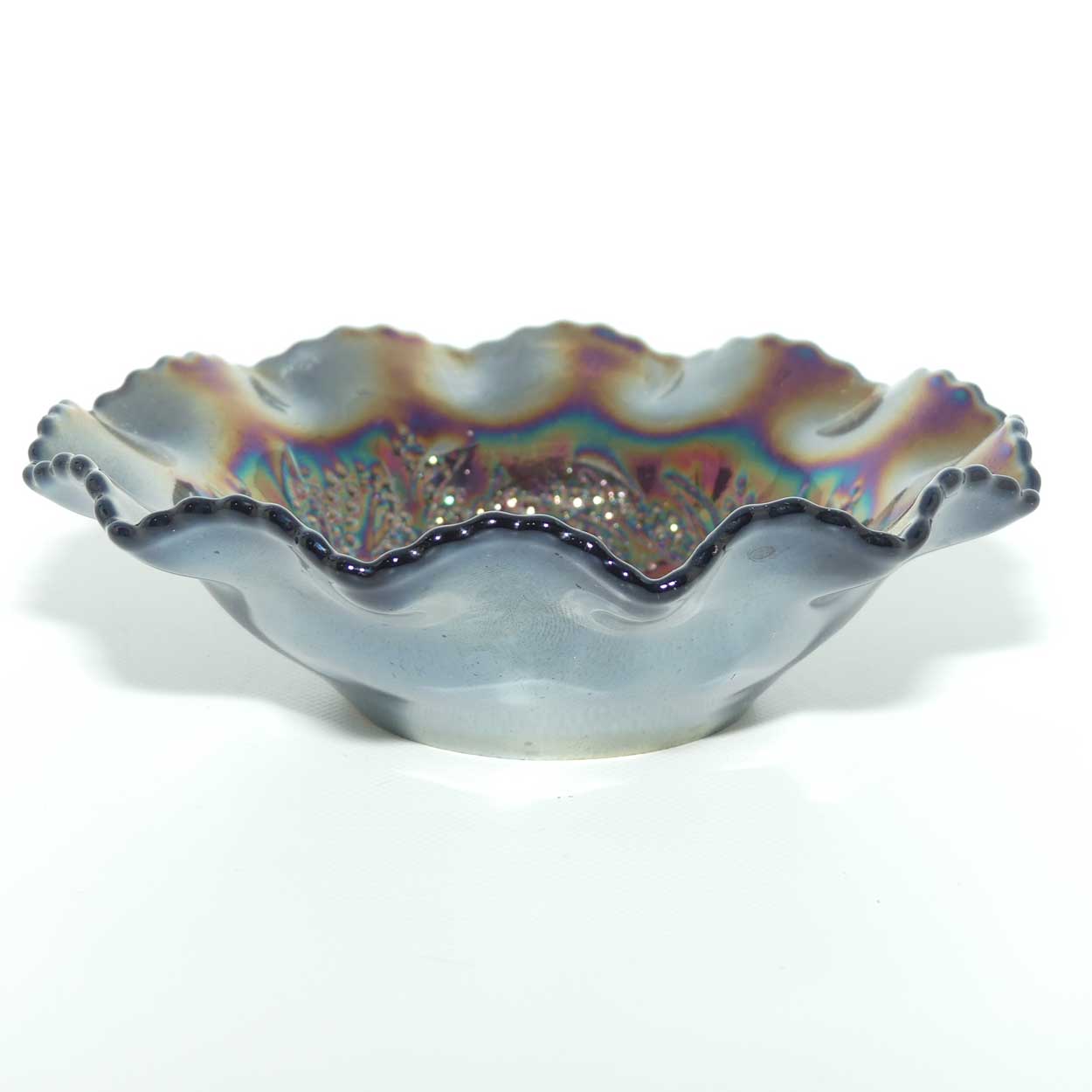Australian Carnival Glass | Dark Piping Shrike nappy bowl | #3