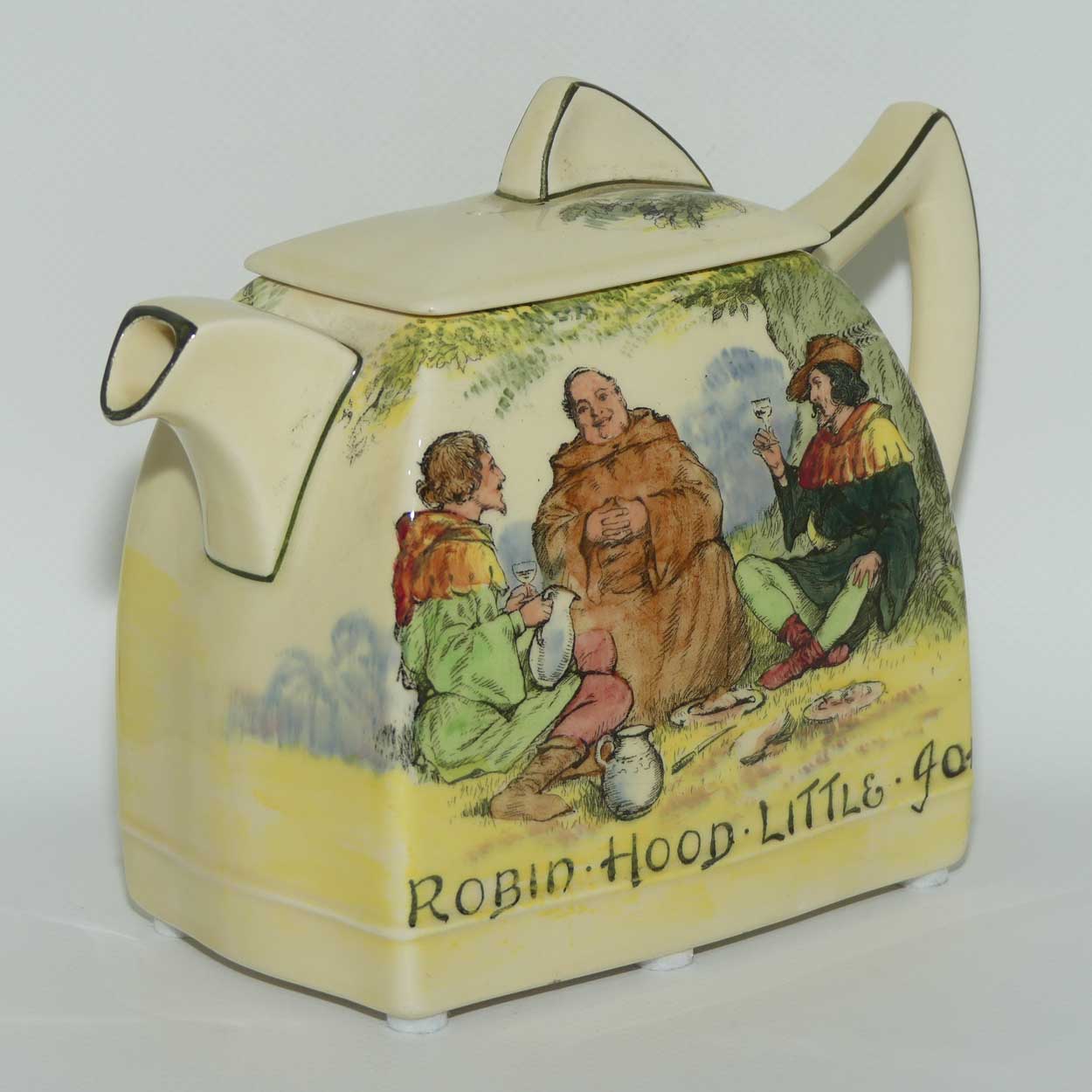 Royal Doulton Under the Greenwood Tree | Robin Hood Art Deco shape tea pot | Robin Hood Little John & Jovial Friar Tuck