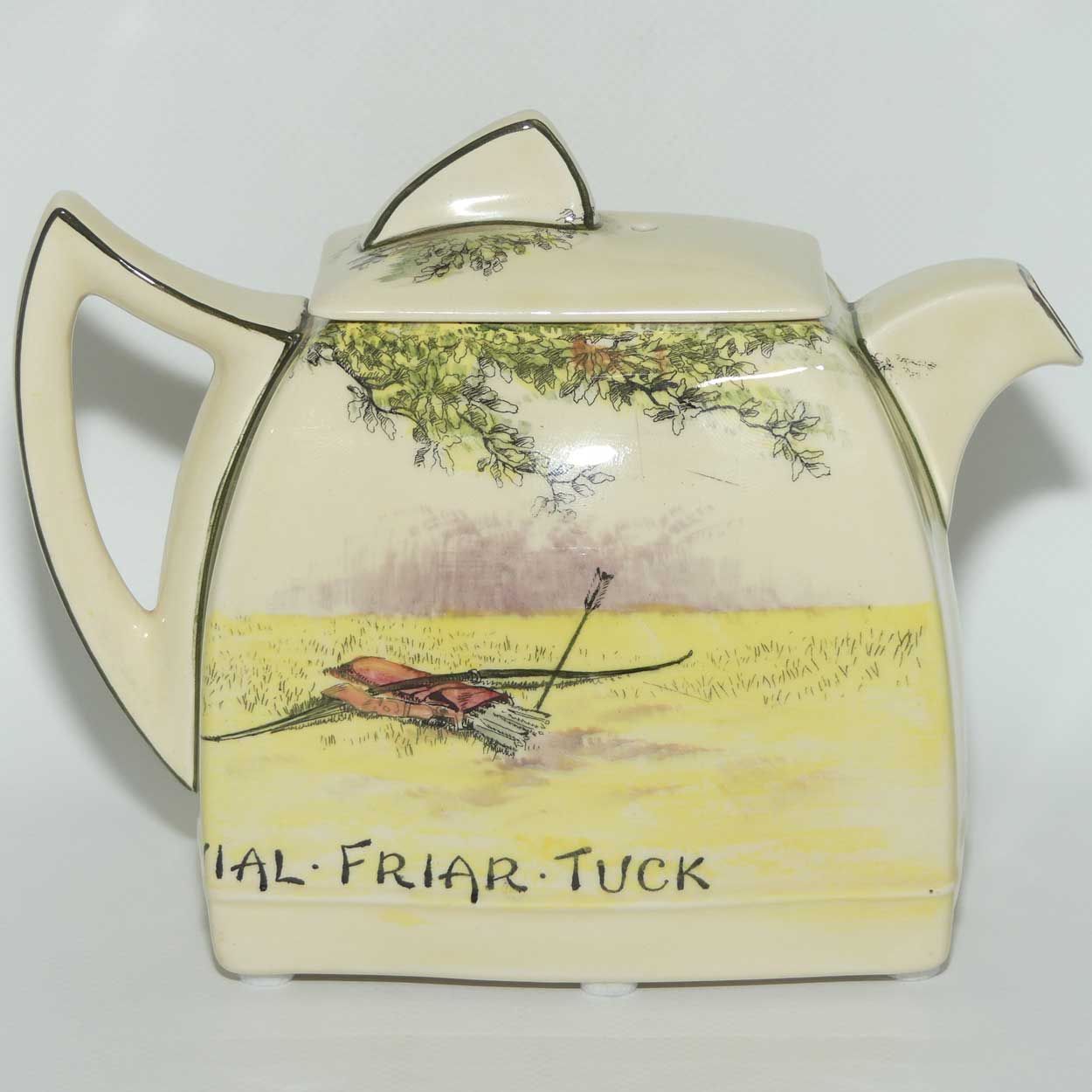 Royal Doulton Under the Greenwood Tree | Robin Hood Art Deco shape tea pot | Robin Hood Little John & Jovial Friar Tuck
