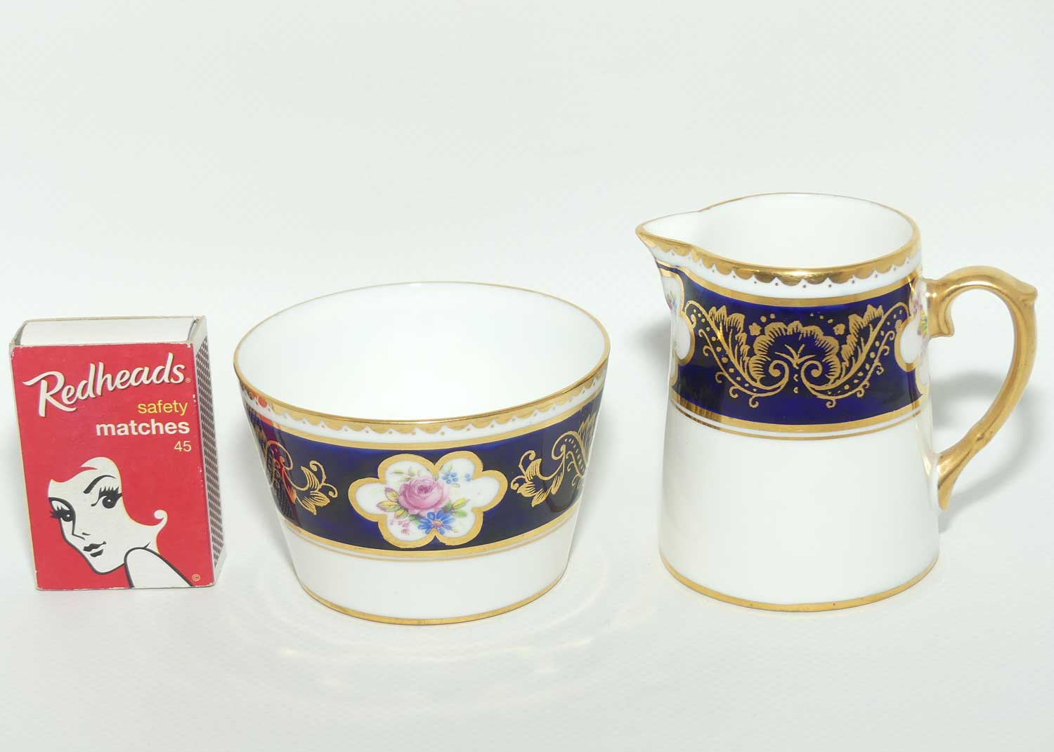 Paragon Royal Blue and Gilt border demi tasse milk and sugar | Floral Spray