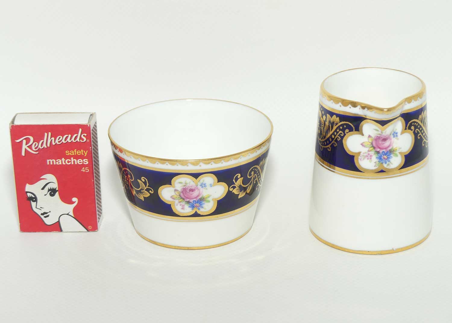 Paragon Royal Blue and Gilt border demi tasse milk and sugar | Floral Spray