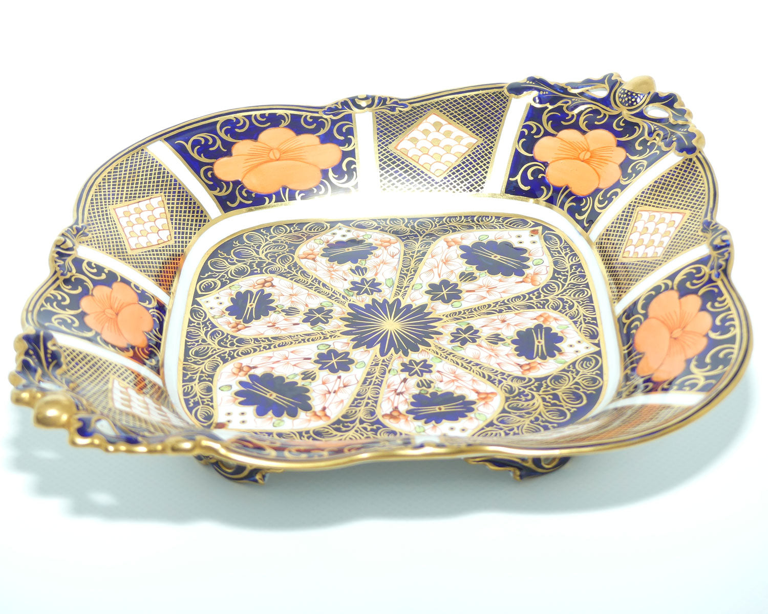 Royal Crown Derby Old Imari 1128 diamond shape acorn handled dish with tiny feet | Larger | c.1927 | #2