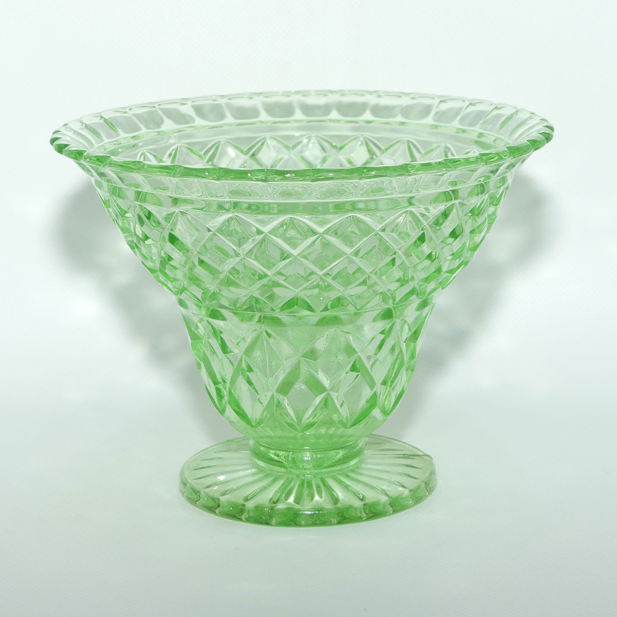 Green Depression Glass Diamond pattern wide rim vase + insert