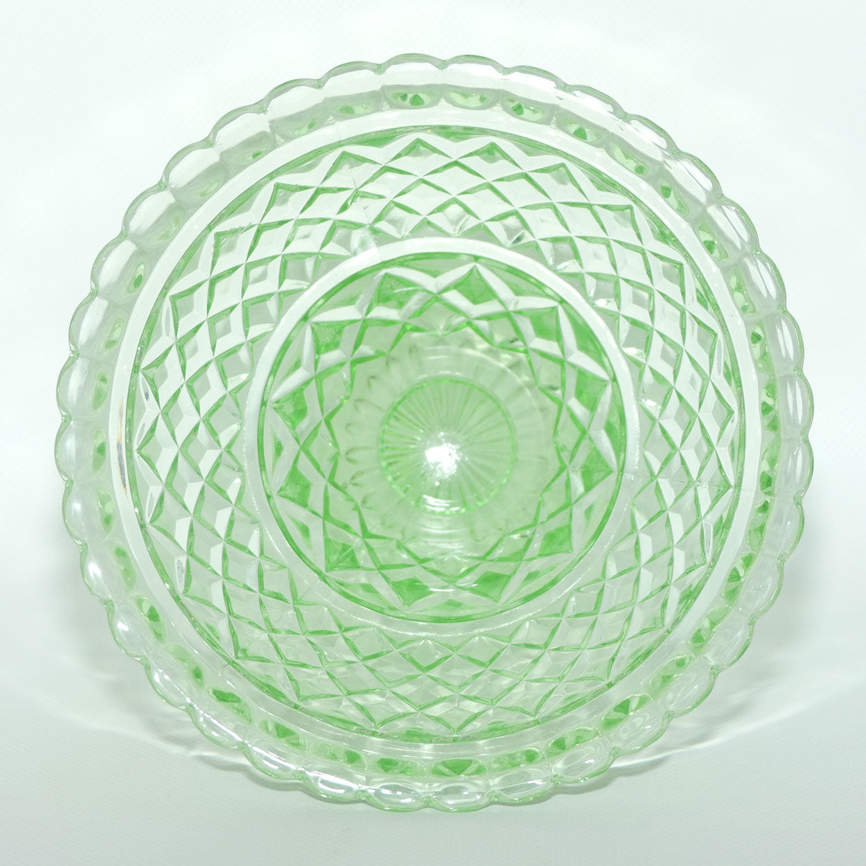 Green Depression Glass Diamond pattern wide rim vase + insert