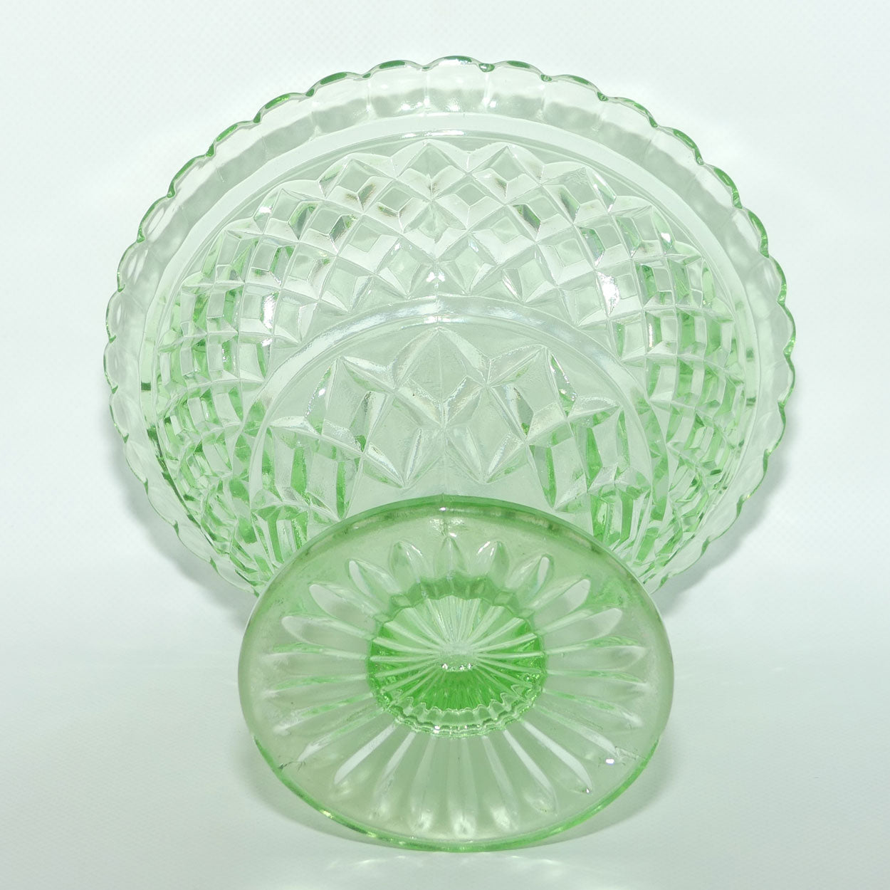Green Depression Glass Diamond pattern wide rim vase + insert