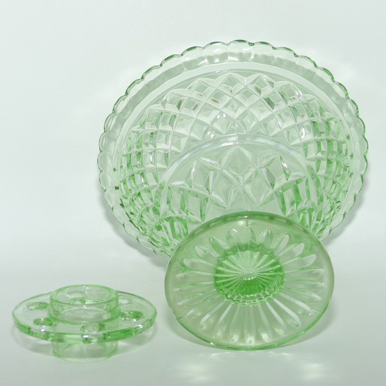 Green Depression Glass Diamond pattern wide rim vase + insert
