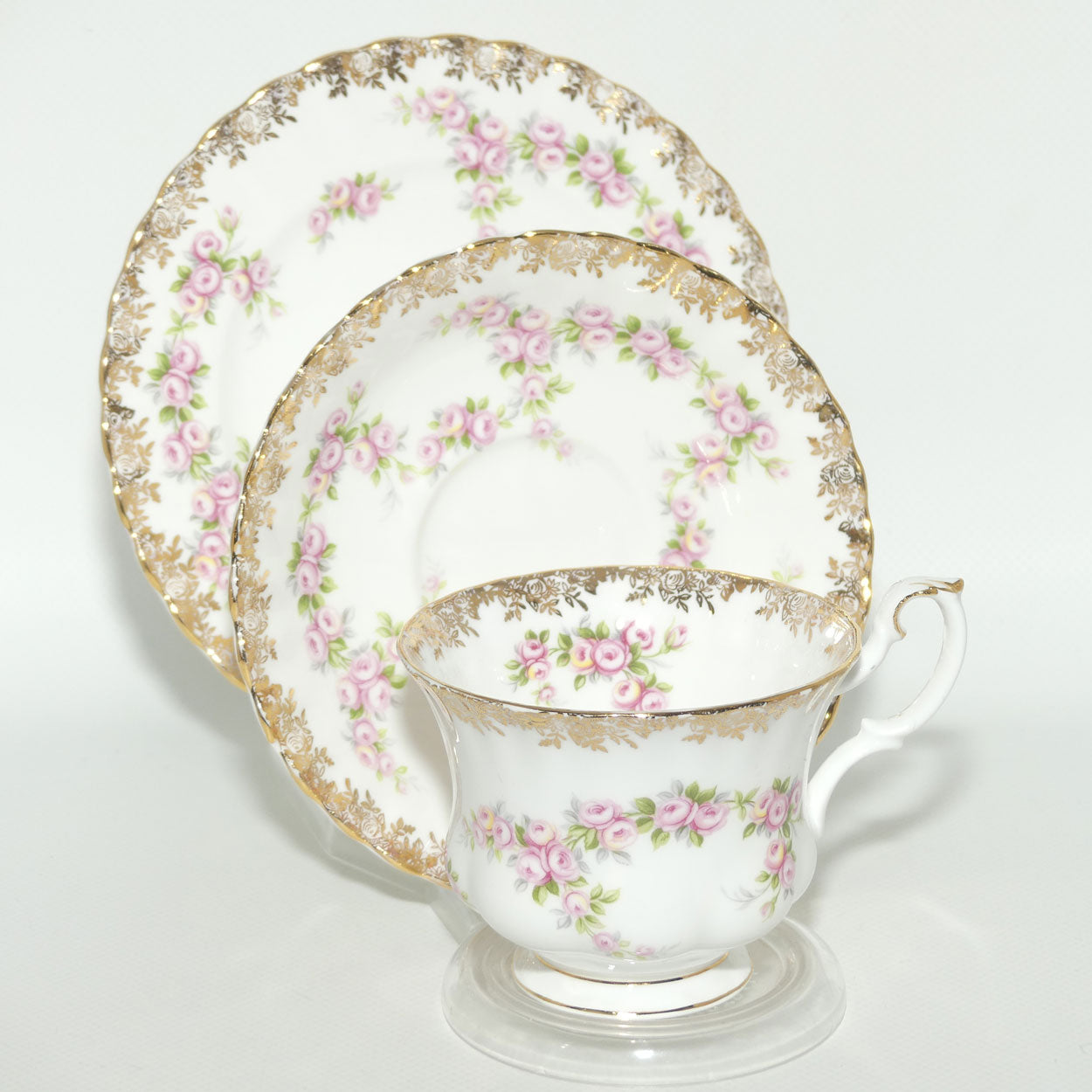 Royal Albert Bone China England Dimity Rose tea trio | Patterned backstamp