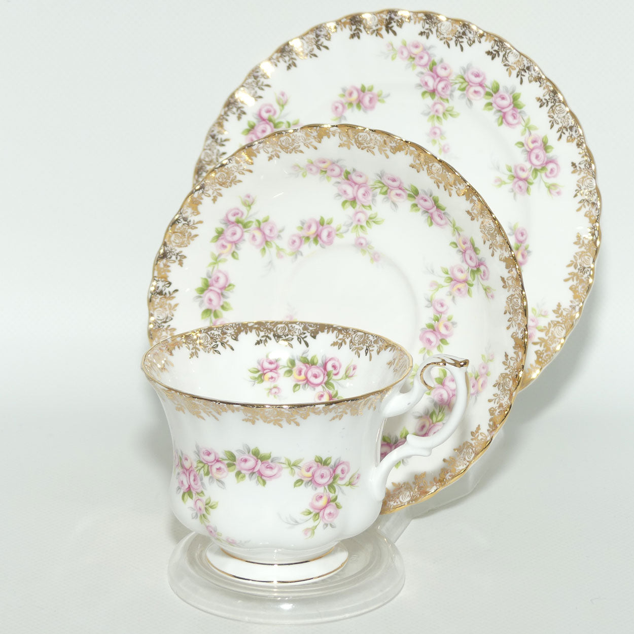Royal Albert Bone China England Dimity Rose tea trio | Patterned backstamp