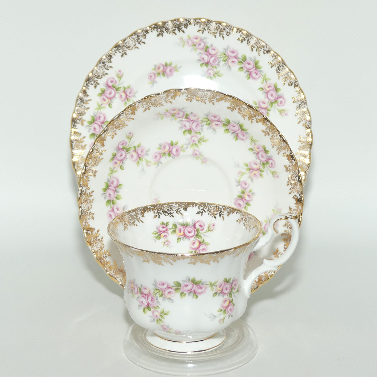 Royal Albert Bone China England Dimity Rose tea trio | Patterned backstamp